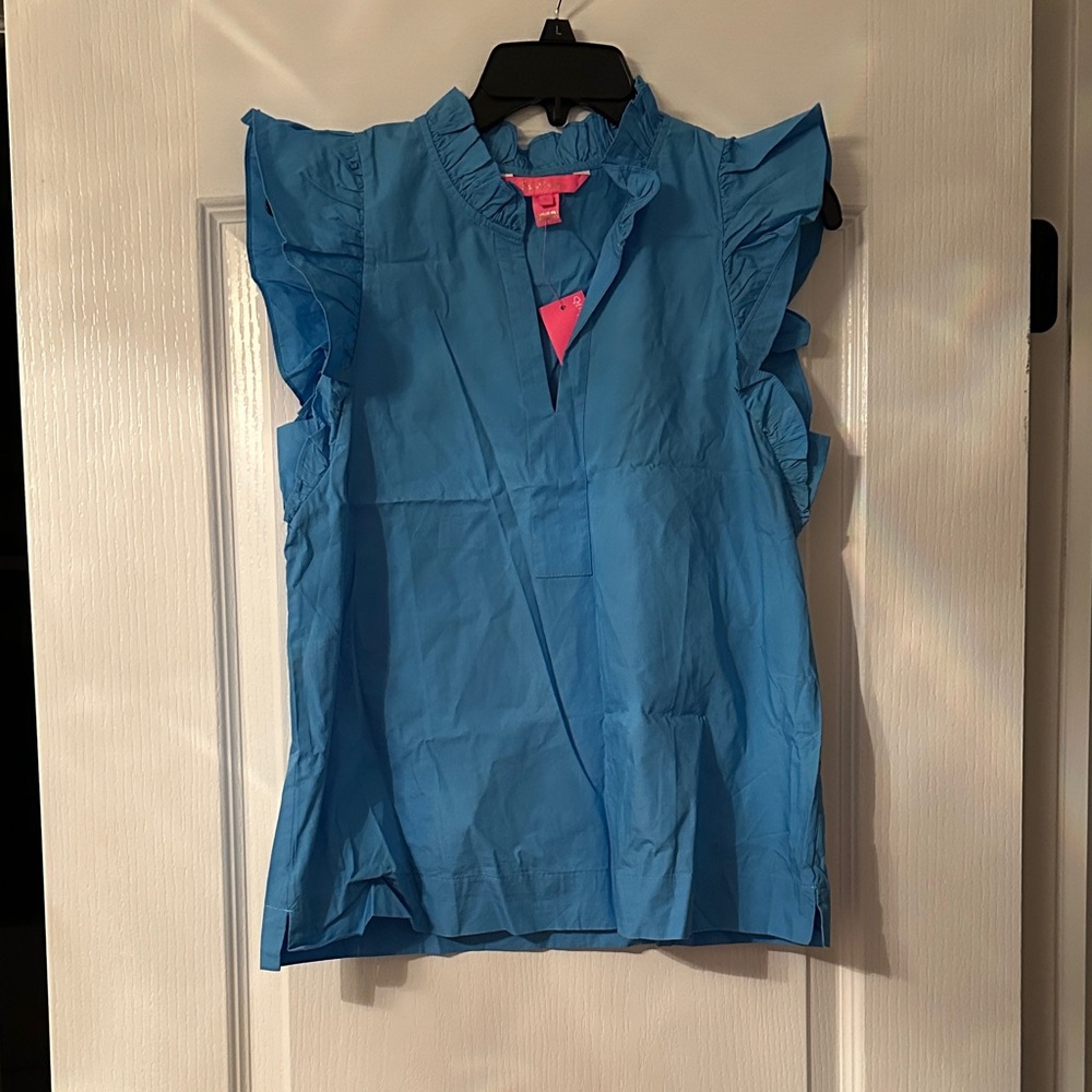 Lilly Pulitzer Blue Ruffle Sleeve Sleeveless Top